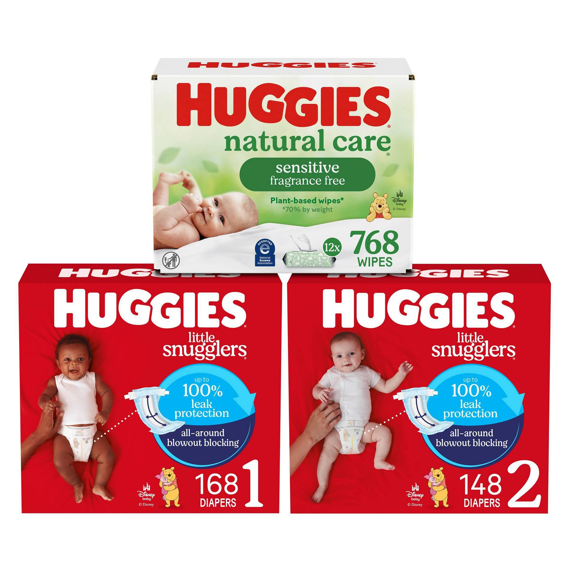 Huggies Little Snugglers 168 Count/Size1 Disposable Diapers + 148 Count/Size 2 Disposable Diapers + 768 Count Natural Care Baby Wipes