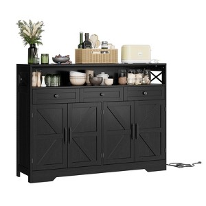 51" Black Buffet Cabinet with Adjustable Shelves, 4 Doors and 3 Drawers – Kitchen & Dining Room Storage Cabinet - 1 of 4
