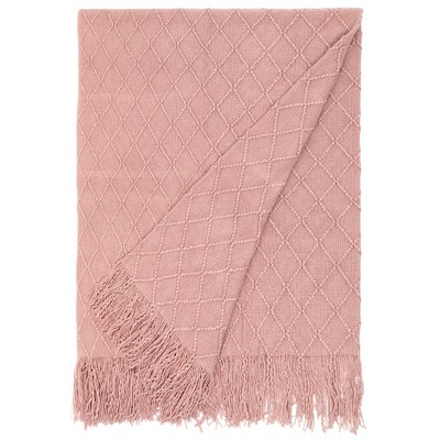 Pink Knitted Throw Blanket Set with Fringed Edges, 50x60 in
