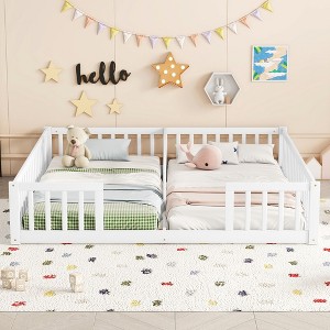Okak Double Twin Bed Frame with Fence Guardrails,Without Door,Modern Floor Bed for Toddlers/Kids Bedroom - 1 of 4