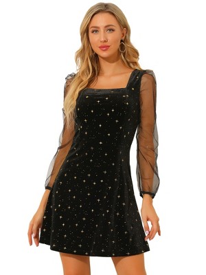 Allegra K Women's Mesh Sheer Puff Long Sleeve Square Neck Glitter Star Mini  Velvet Dress Black Medium