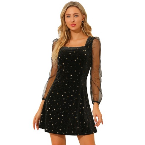 Midnight Affairs Sparkle Mini Dress with Mesh Sleeves - Black – Dressmezee