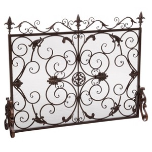 Angel Sar 44x35in Floral Fireplace Screen, Wrought Iron Decorative Fire Screen with Victorian Floral Design, Golden Black - 1 of 4
