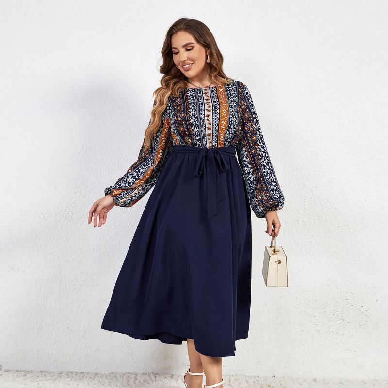 Women's Plus Size Navy Floral Belted Midi Dress - Cupshe, 3 of 7