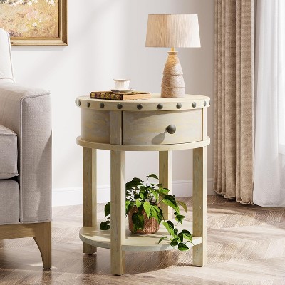 Tribesigns Wood End Table, Round Side Table with Drawer and Bottom Shelf