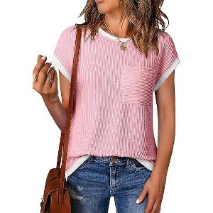 Women's Round Neck Short Sleeve Front Pocket Casual Summer Top Blouses - 1 of 4