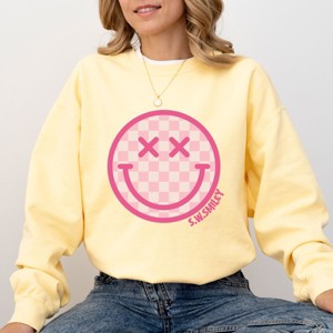 Simply Sage Market S.W.Smiley Pink Checker Smiley Face Garment Dyed Sweatshirt - 1 of 4