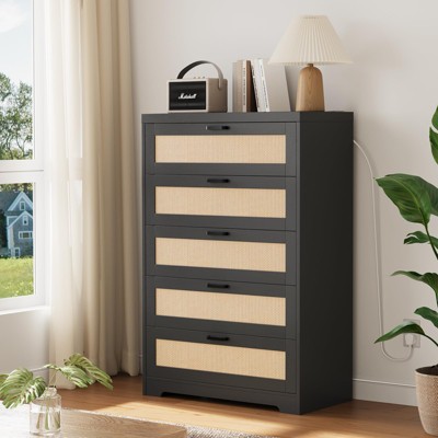 5 Drawer Dresser Rattan Dresser, Tall Chest of Drawers, Wood Dresser for Bedroom, Closet, Living Room, Hallway