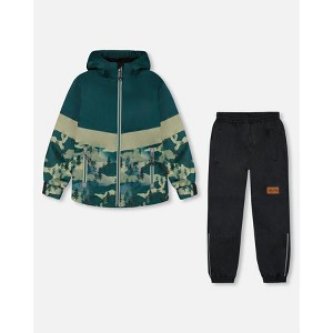 Deux par Deux Boy Colorblock Printed Two-Piece Mid-Season Outerwear Set Forest Green with Black Pines - 1 of 4