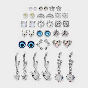 Celestial and Heart Icon Stud Earring Set 18pc - Wild Fable™ Silver