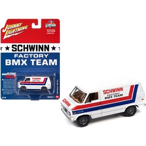 1976 Chevrolet G20 Van White with Stripes "Schwinn Factory BMX Team" "Pop Culture" 1/64 Diecast Model Car by Johnny Lightning - 1 of 3