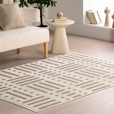 Mina Beige and Brown Geometric Reversible Washable Area Rug