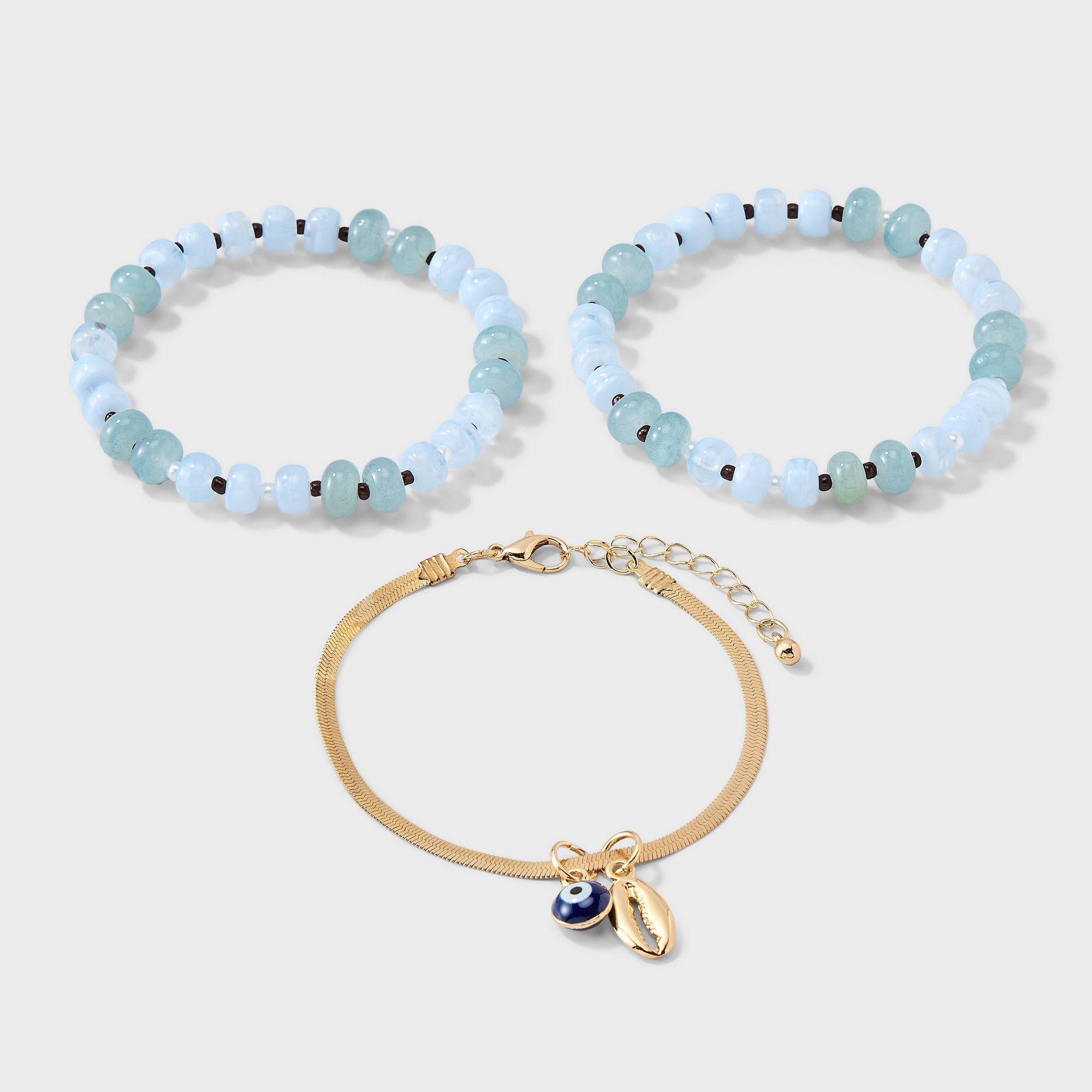 Mixed Semi-Precious Quartz and Charm Bracelet Set 3ct - Universal Thread™ Blue