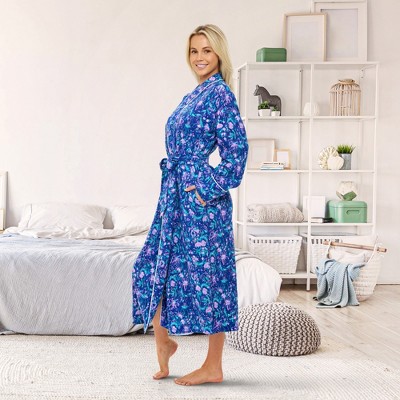 Purple Floral Cotton Knit Jersey Lounge Robe with Pockets