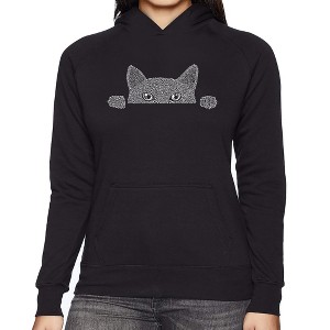 LA Pop Art Women's Word Art Hooded Sweatshirt -Peeking Cat - 1 of 4