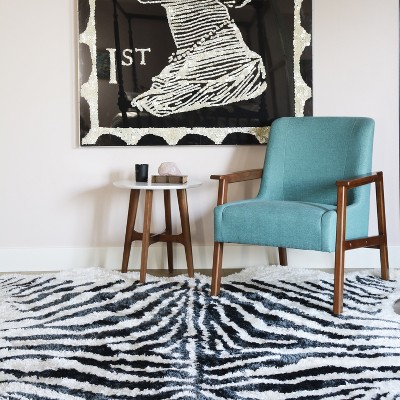 Zebra Striped Black and Turquoise Faux Fur Rug 3'6" x 5'6"