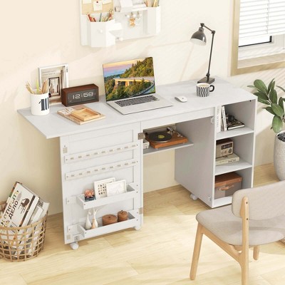 White Folding Sewing Table with Storage Shelves and Lockable Casters