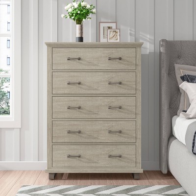 38'' Chest with 5 Drawers Beige - Accent Furniture: Festivo Farmhouse Style, Painted MDF & Particle Board
