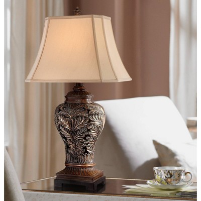 Bronze Carved Leaf Table Lamps with Tan Shades, Set of 2