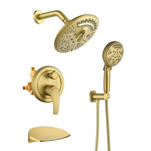 Cobbe Brushed Gold Shower System with Waterfall Tub Spout 8-Inch 6 Settings Shower Head 9 Settings Hand Shower and 59-Inch Hose Include Valve - 1 of 4