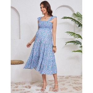 Womens Maternity Dress Summer Sleeveless Smocked Square Neck Ruffle Casual Boho Midi Dress Baby Shower Photoshoot - 1 of 4