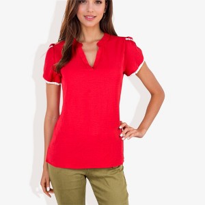 Anna-Kaci Women's V-Neck Blouse With Flutter Sleeves And Lace Trim Detail - 1 of 4