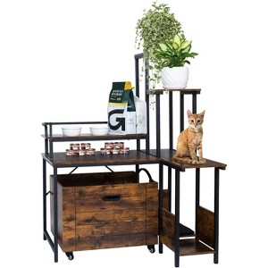 Hidden Cat Litter Box Furniture with Flower Stand and Pull-Out Tray, L-Shaped Cabinet, Brown/Gray - 1 of 4