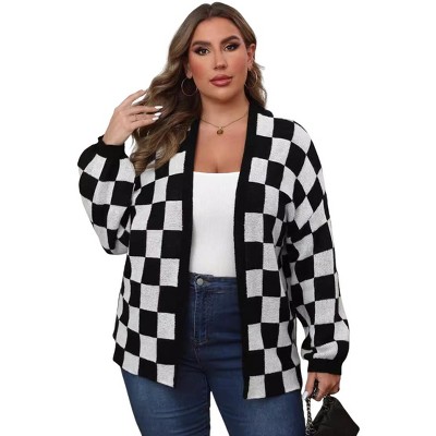 Garvee Women's Long Sleeve Oversized Sweater Checkered Cardigan Open Front Outerwear Tops