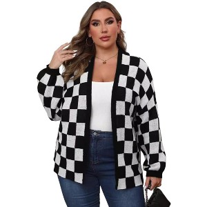 Garvee Women's Long Sleeve Oversized Sweater Checkered Cardigan Open Front Outerwear Tops - 1 of 4