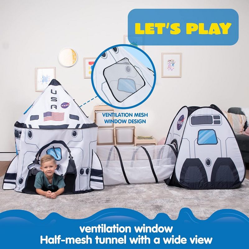 Syncfun White Rocket Ship Pop up Play Tent with Tunnel and Playhouse Kids Indoor Outdoor Spaceship Tent Set, 3 of 10