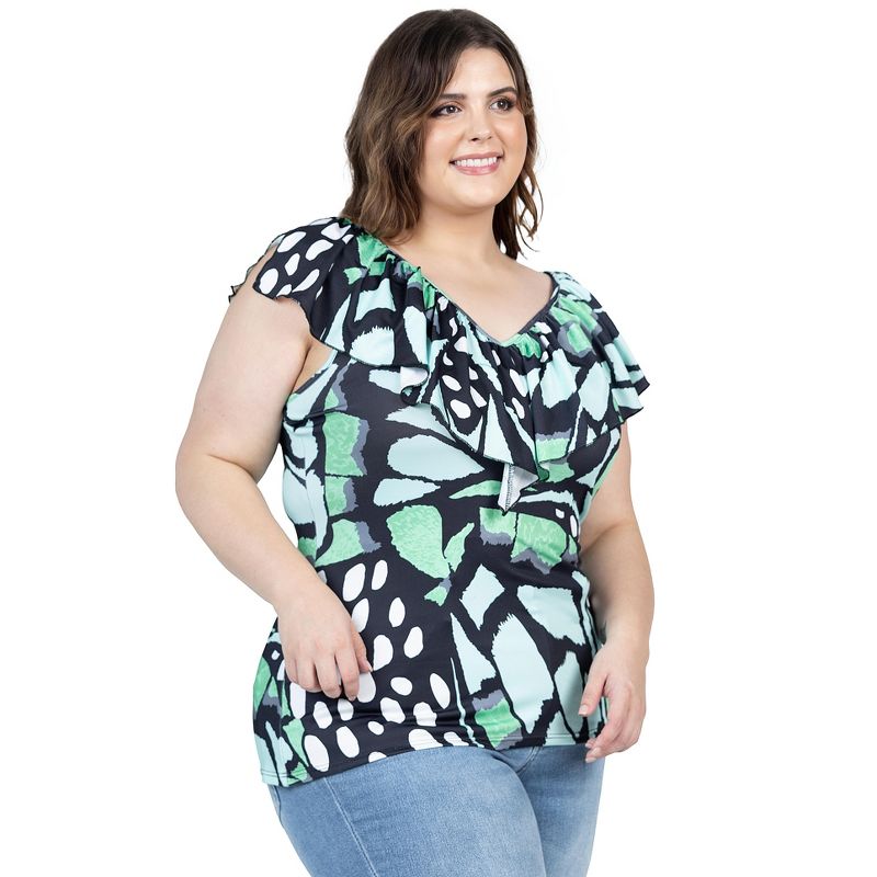 24seven Comfort Apparel Womens Cap Sleeve Green Butterfly Print Ruffle V Neck Plus Size Top, 2 of 7