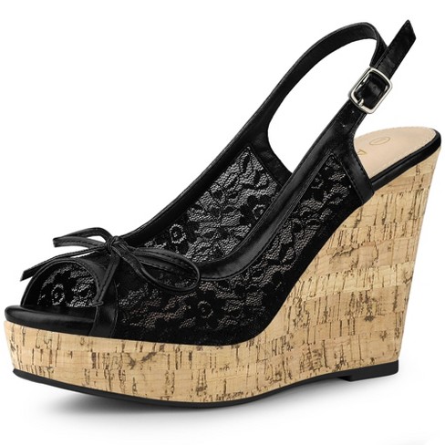 Allegra K Women's Wood Platform Heels Bow Lace Wedge Sandals Black 5.5