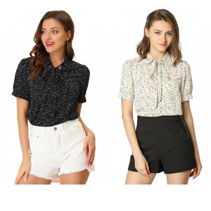 Allegra K Women's Retro Dots Print Bow Tie Peter Pan Collar Chiffon Blouse 2 Packs - 1 of 4