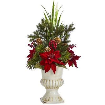 Nearly Natural 28-in Poinsettia, Grass and Succulent Artificial Arrangement in White Urn