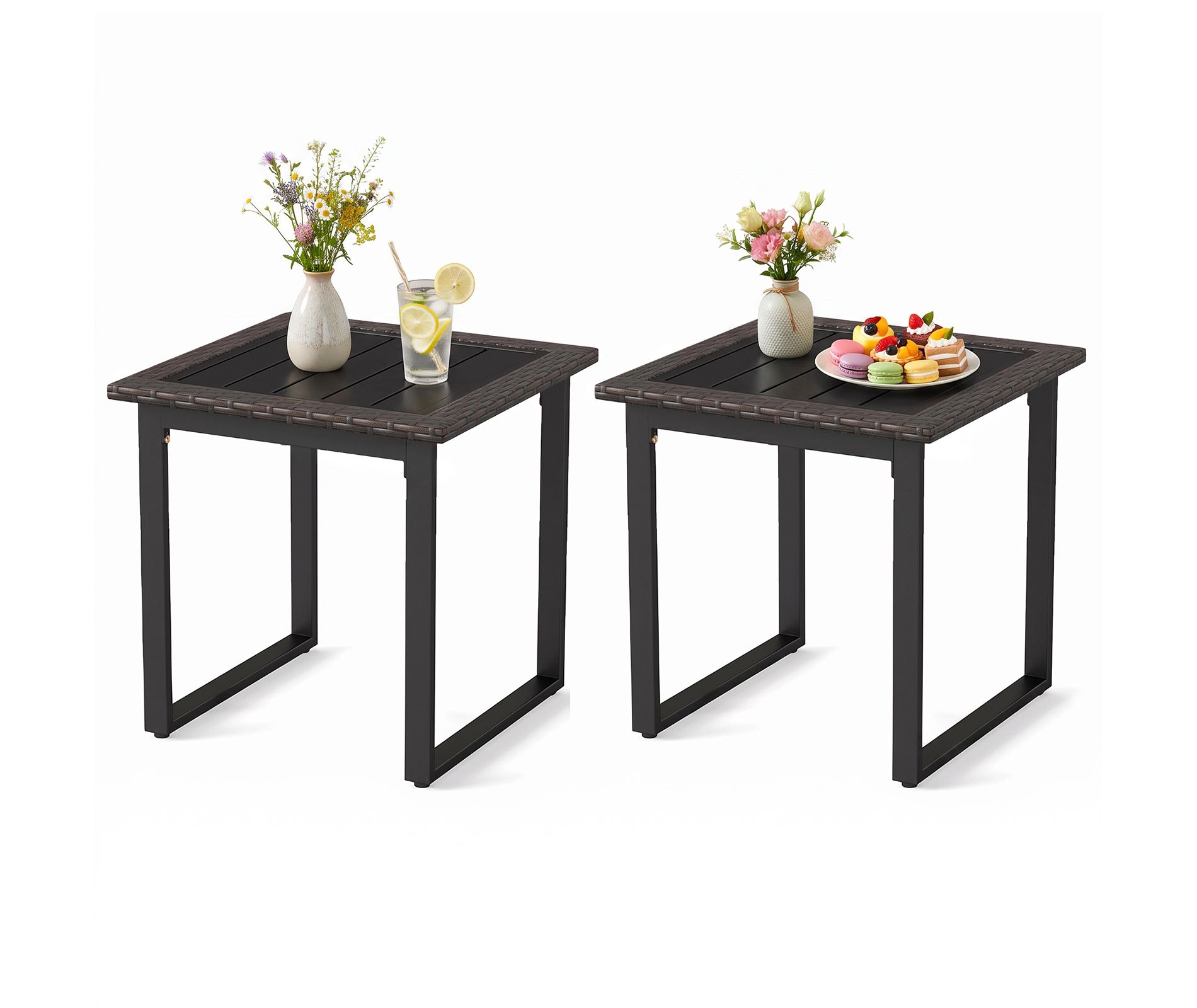 Costway 2 PCS 17.5" Outdoor End Table with Slatted Metal Tabletop, Adjustable Foot Pads