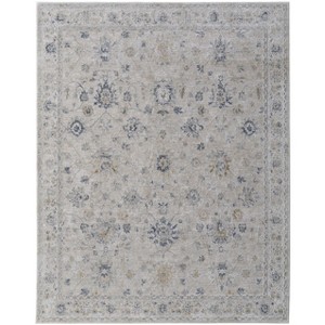 Ivory Taupe and Blue Floral Power Loom Worn Faded Area Rug With Fringe - 1 of 4