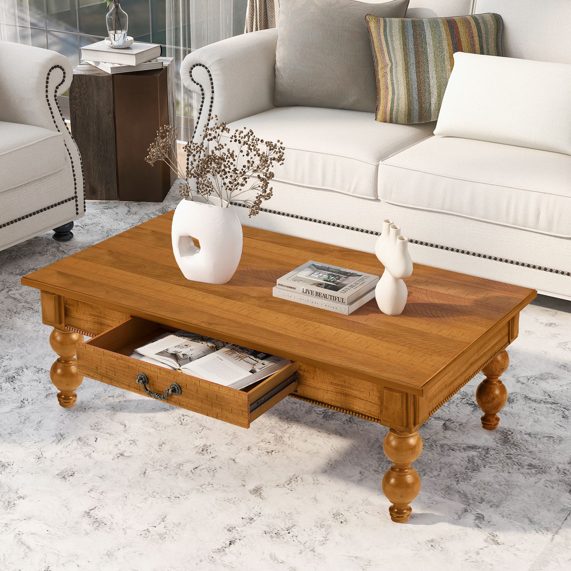 ORRD Vintage Wooden Coffee Table with Storage Drawer - No-Tools Assembly Farmhouse Cocktail Table for Living Room