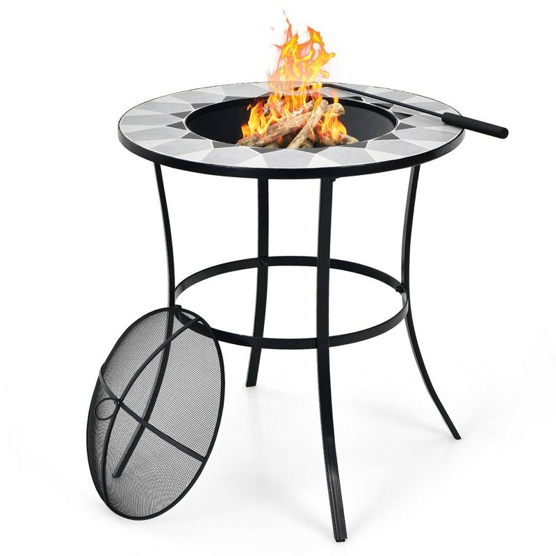 Costway 23.5'' Round Fire Pit Table Wood Burning Heater W/ Mesh Cover & Fire Poker, 1 of 11