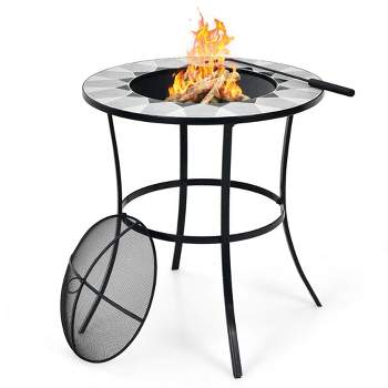Costway 23.5'' Round Fire Pit Table Wood Burning Heater W/ Mesh Cover & Fire Poker