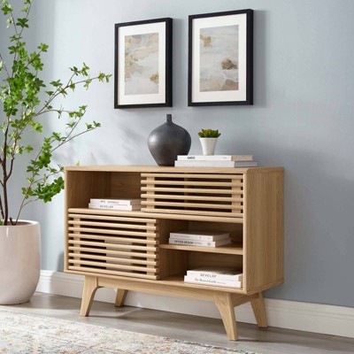 Mid-Century Oak Cabinet with Sliding Door