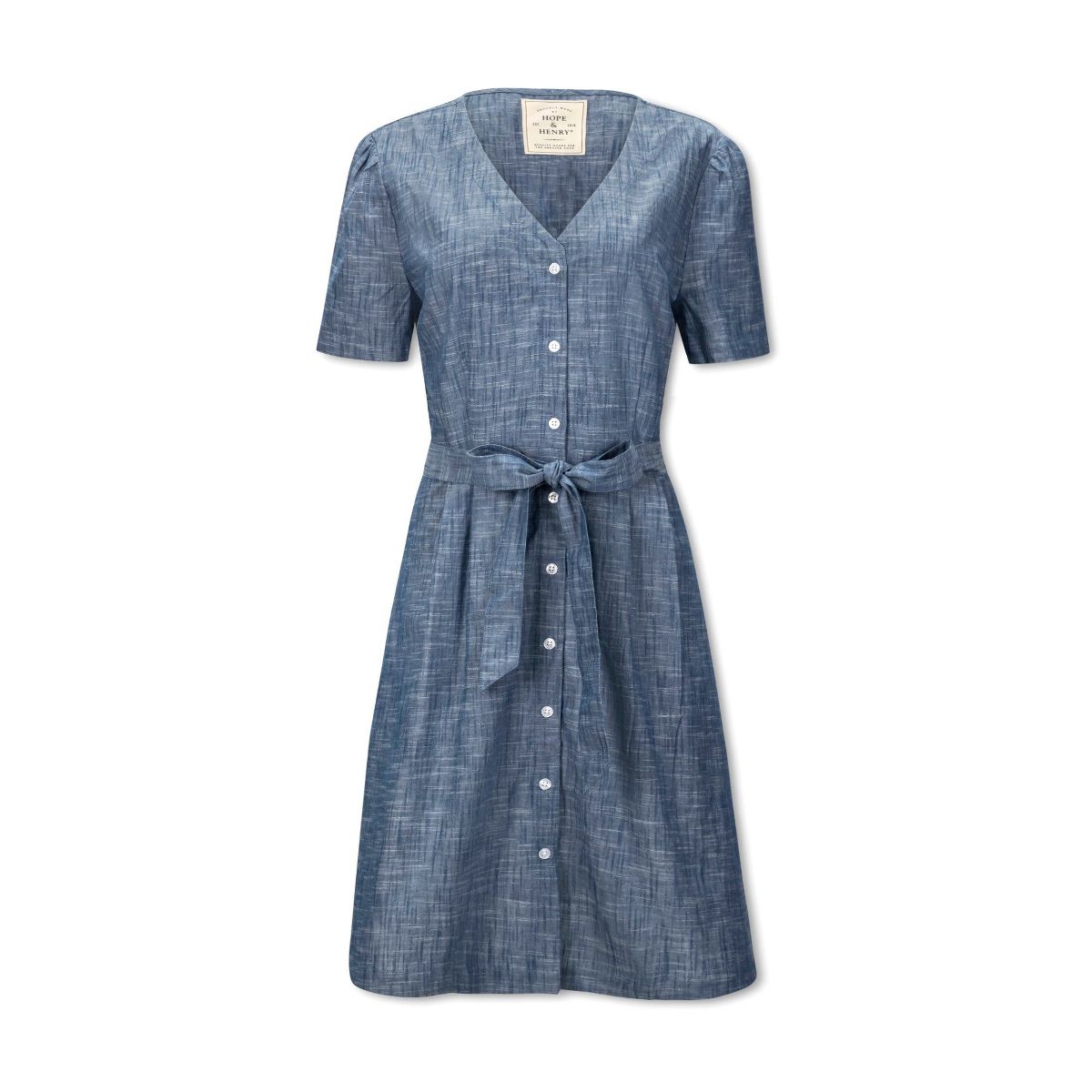 Hope & Henry Womens' Short Sleeve Button Front Chambray Dress with Waist Sash - thumbnail 4
