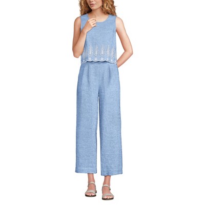 Lands' End Women's Linen Sleeveless Embroidered Jumpsuit