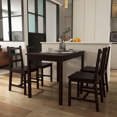 Brown Solid Pine Wood Dining Set with 4 High Back Chairs