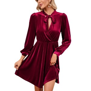 Clearlove Women's Velvet Bow Detail Flounce Hem Mini Dress Elevated Casual Silhouette with Feminine Flair - 1 of 4