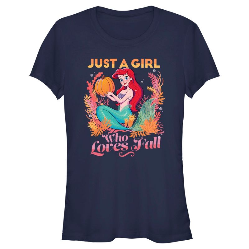 Juniors Womens Disney Ariel Just a Girl Who Loves Fall T-Shirt, 1 of 5
