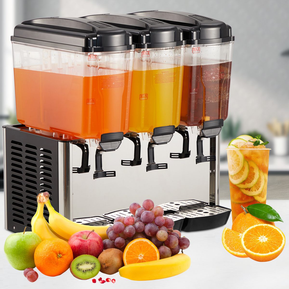 3-Tank Commercial Beverage Dispenser, 14.4 Gallon Stainless Steel Cold Drink Machine with Thermostat, Safe Materials for Juice Iced Tea Restaurants - thumbnail 3