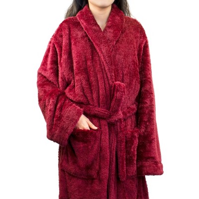 Wine Red Plush Fleece Bathrobe with Pockets, L/XL