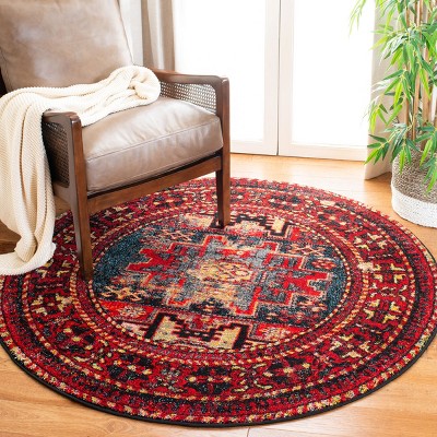 Vintage Red and Multi Round Synthetic Area Rug