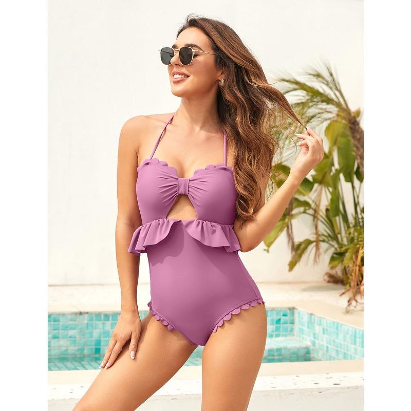 Women Halter One Piece Swimsuits Ruffle Cut Out Tie Knot Front Swimwear Tummy Control Bathing Suits, 5 of 9