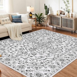 Boho Area Rug,Machine Washable Ultra-Thin Low-Pile Floral Carpet Non-Slip Soft Indoor Rug for Living Room & Bedroom - 1 of 4